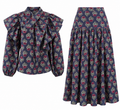 Set Blusa con Volantes y Falda Midi Azul Estampada