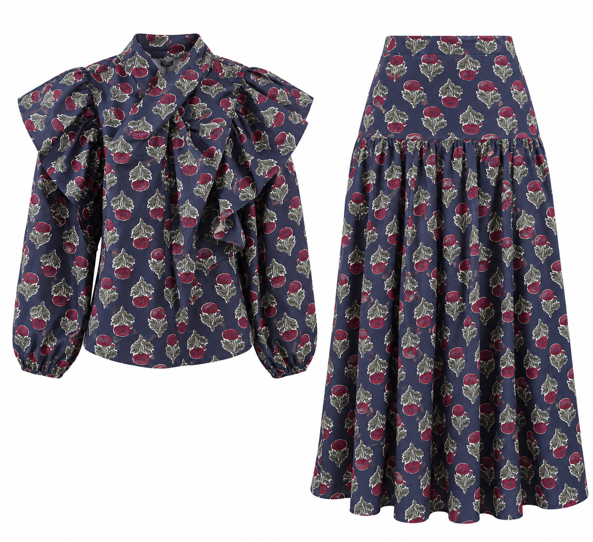 Set Blusa con Volantes y Falda Midi Azul Estampada
