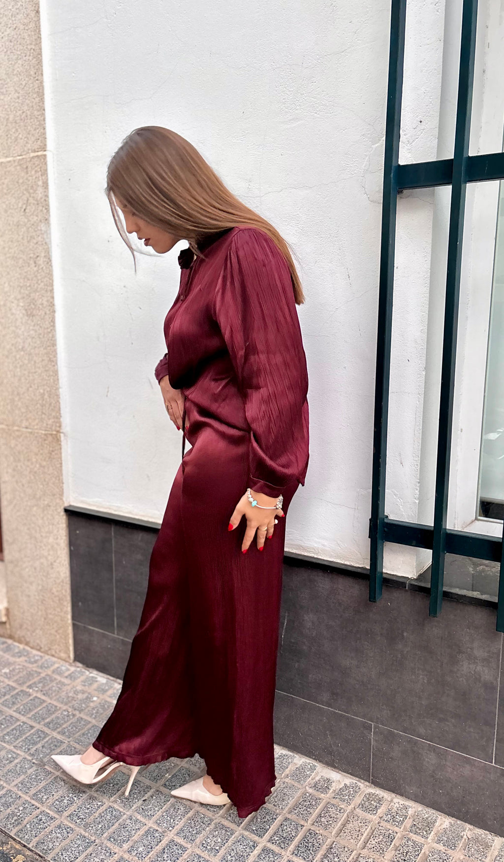 Conjunto Satinado Plisado Burdeos