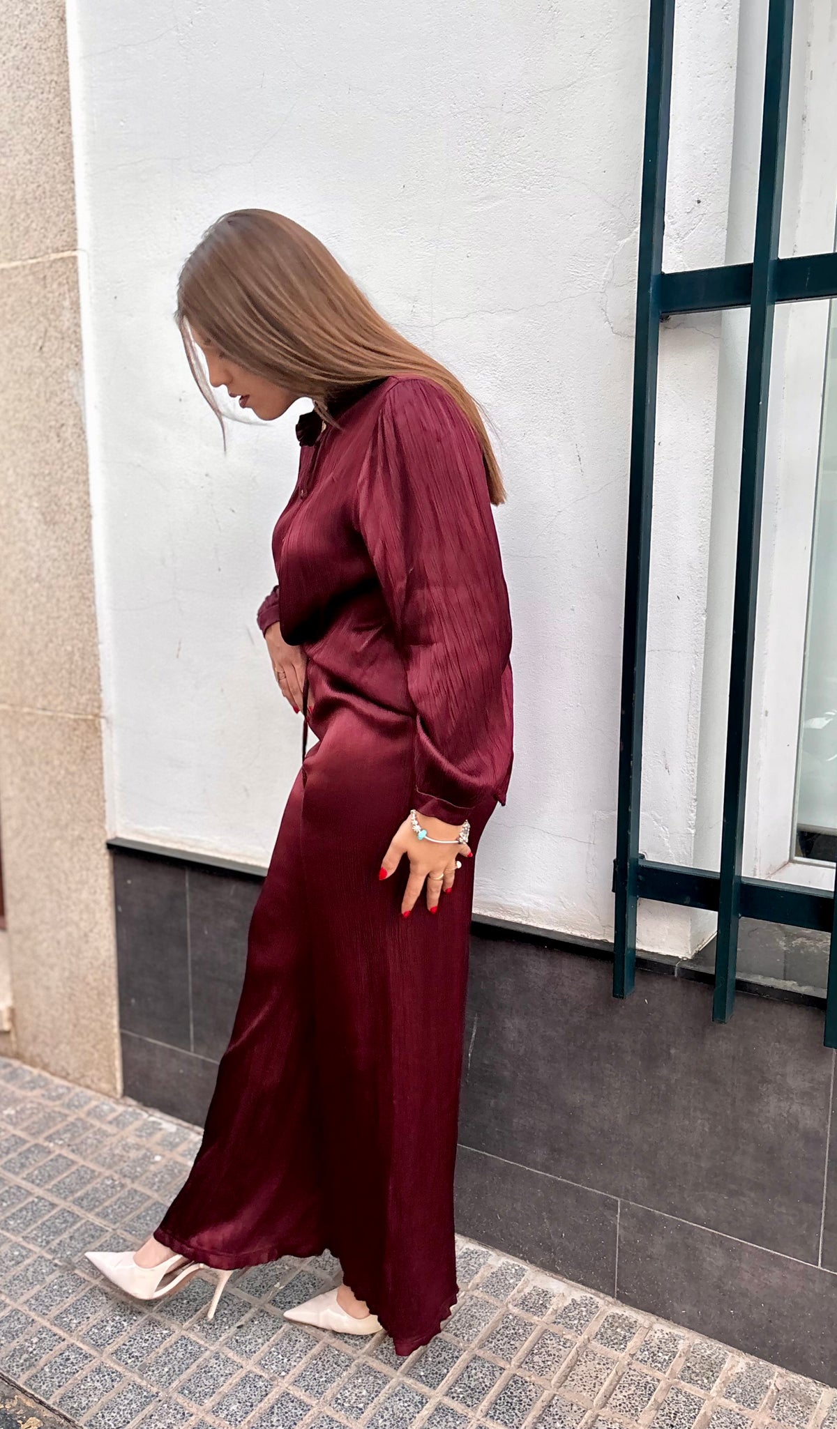 Conjunto Satinado Plisado Burdeos