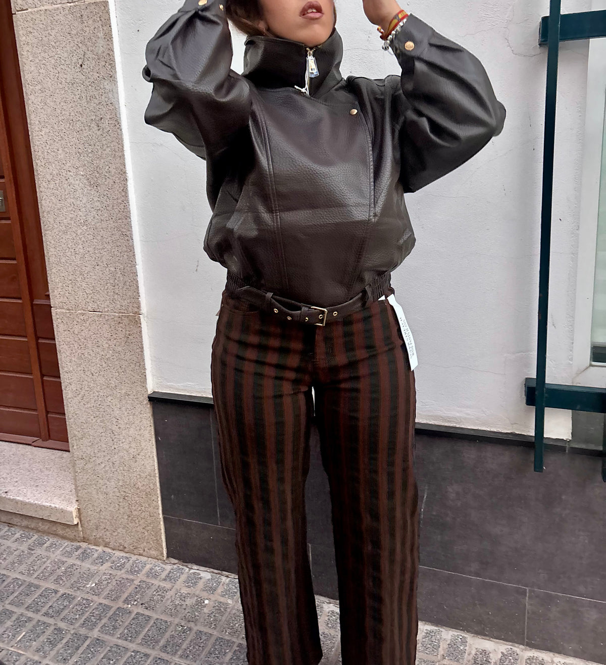 Chaqueta Cuero  Marrón oscuro con Cremallera