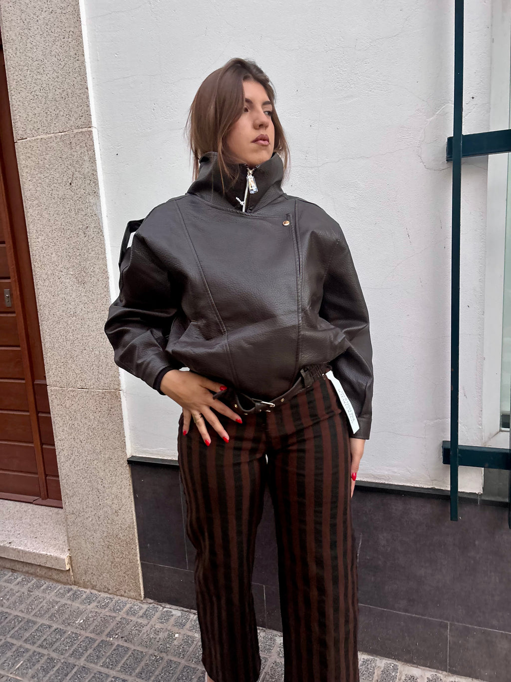 Chaqueta Cuero  Marrón oscuro con Cremallera