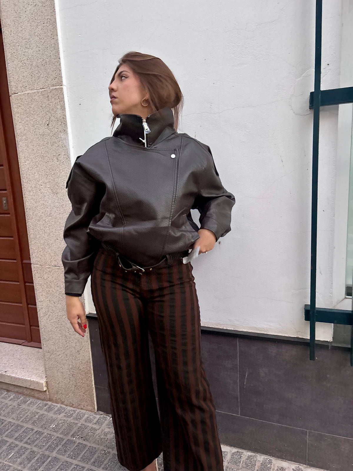 Chaqueta Cuero  Marrón oscuro con Cremallera