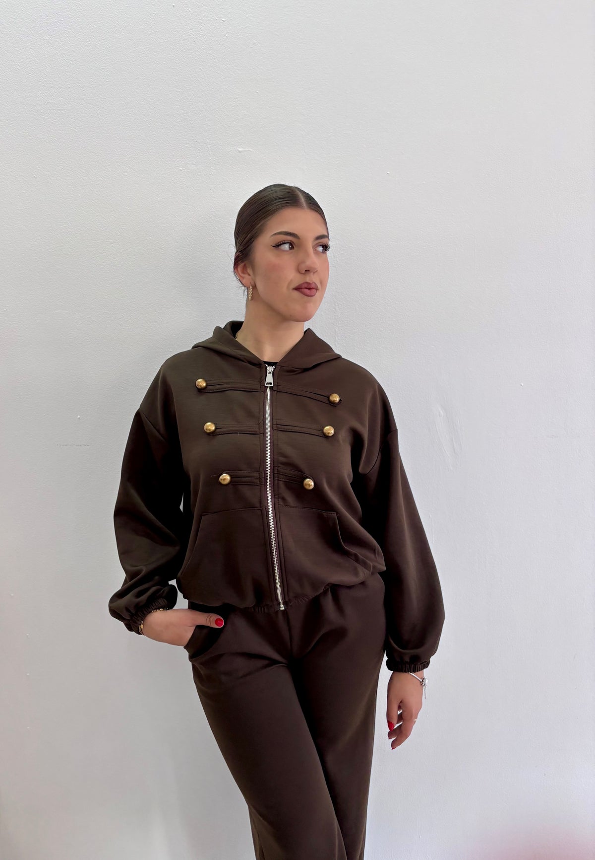 Set Dos Piezas Marrón Estilo Militar con Capucha