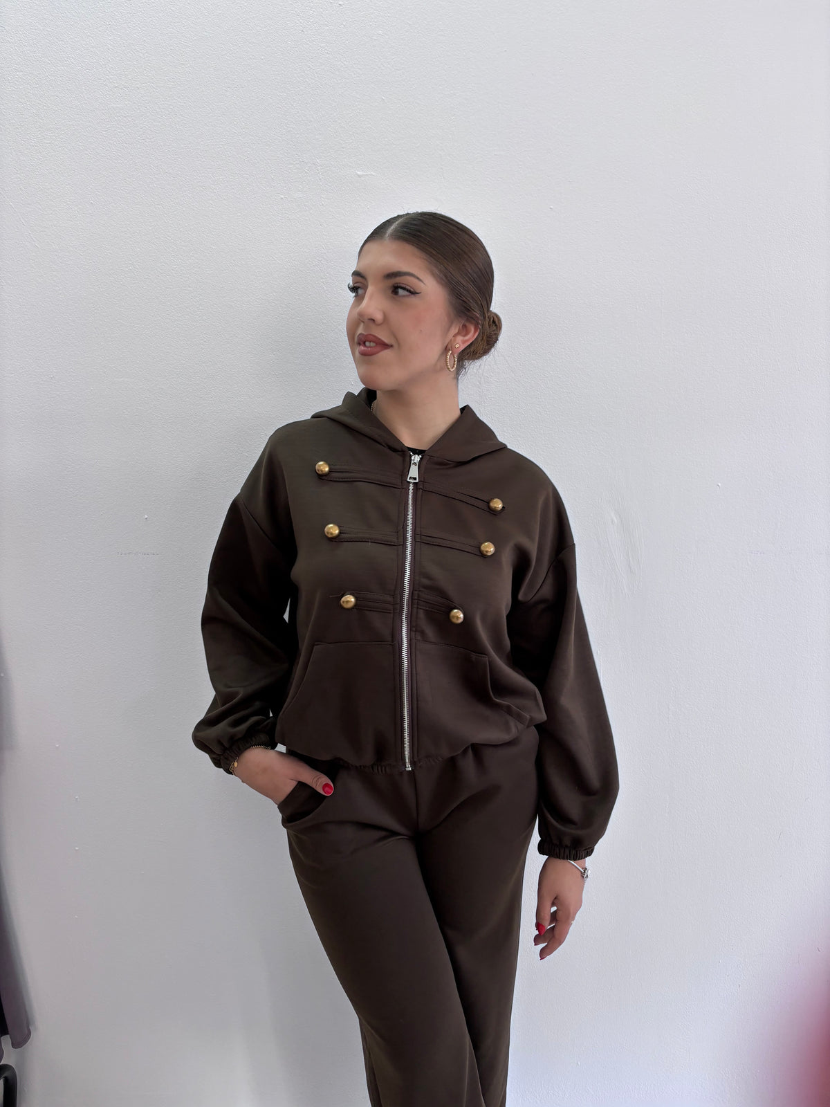 Set Dos Piezas Marrón Estilo Militar con Capucha