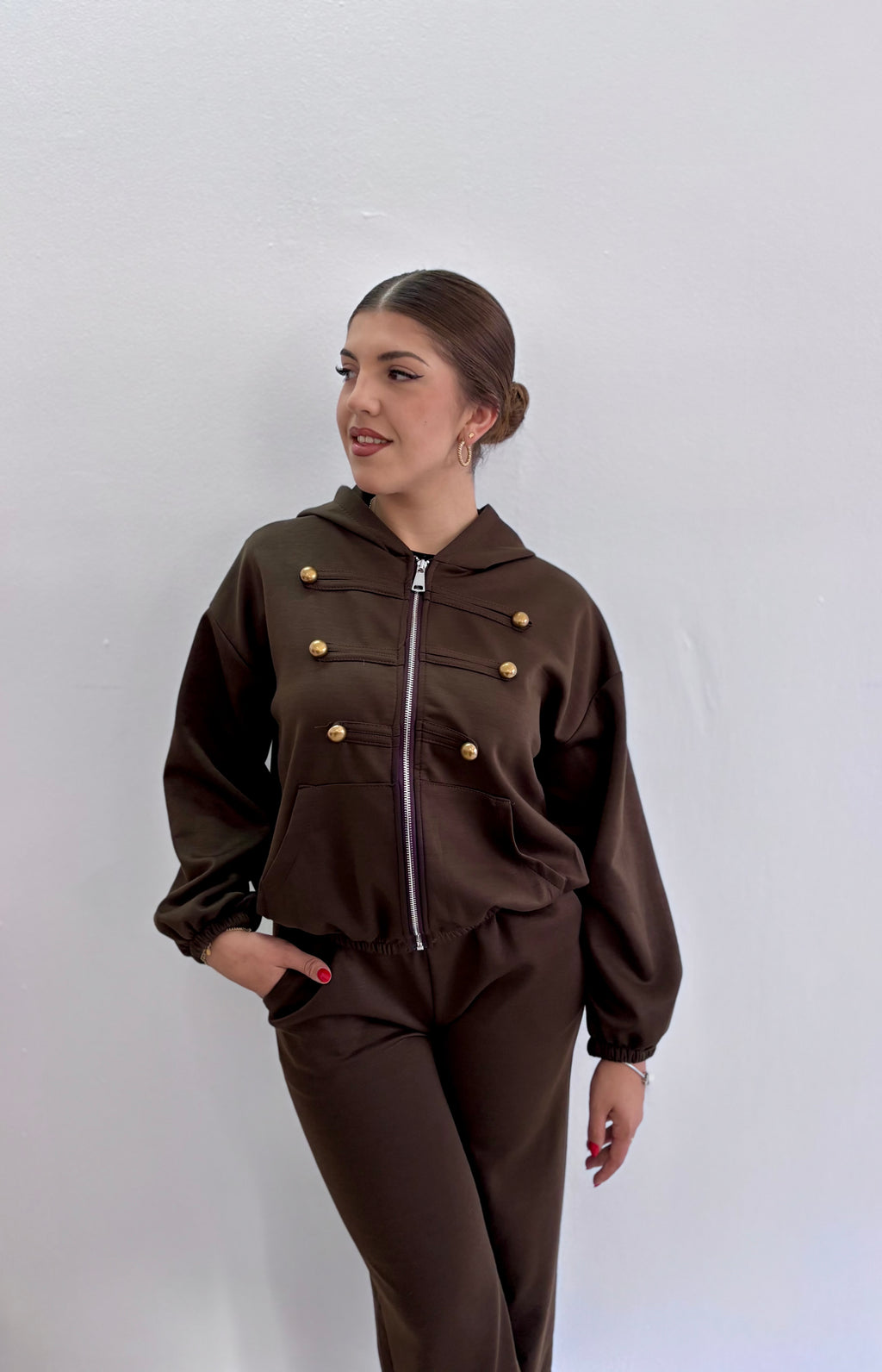Set Dos Piezas Marrón Estilo Militar con Capucha